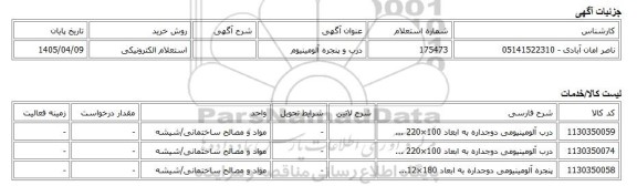 استعلام الکترونیکی، درب و پنجره آلومینیوم