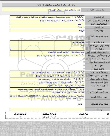 مزایده, فروش (۴) دستگاه خودرو دولتی با وضعیت شماره گذاری و صدور سند مجدد