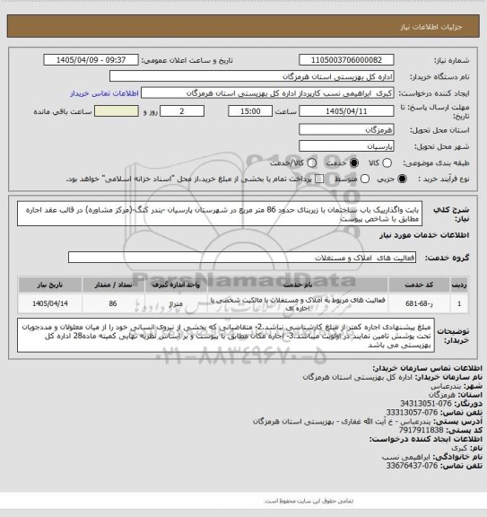 استعلام بابت واگذارییک باب ساختمان با زیربنای حدود 86 متر مربع در شهرستان پارسیان -بندر کنگ-(مرکز مشاوره) در قالب عقد اجاره مطابق با شاخص پیوست