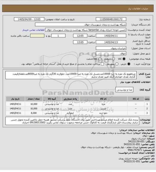 استعلام مرباهویچ تک نفره به صبا 10000عددعسل تک نفره به صبا 10000عدد حلواارده 30گرم تک نفره به صبا8000عددلطفاازقیمت گذاری نقدی خوداری گردد خرید نقدی نداریم
