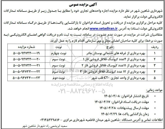 مزایده اجاره واحدهای تجاری 