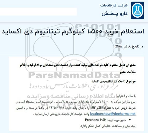 استعلام خرید 1500 کیلوگرم تیتانیوم دی اکساید