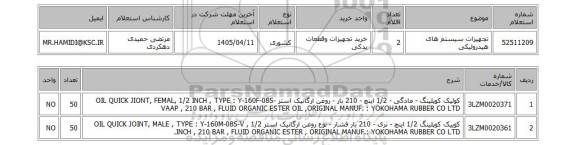 استعلام تجهیزات سیستم های هیدرولیکی