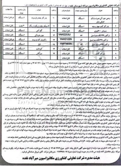 مزایده فروش تعدادی از ماشین آلات کشاورزی
