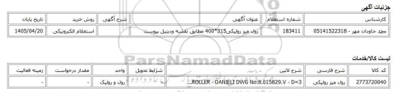 استعلام الکترونیکی، رول میز رولیکی315*400 مطابق نقشه ودیتیل پیوست