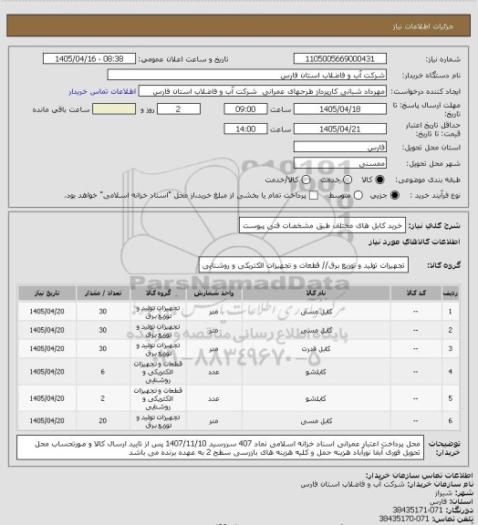 استعلام خرید کابل های مختلف طبق مشخصات فنی پیوست