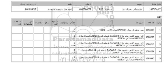 استعلام، لوازم یدکی لیفتراک دوو