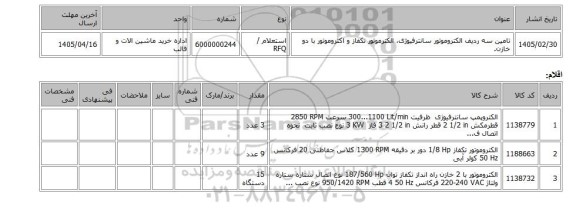 استعلام، تامین سه ردیف الکتروموتور سانترفیوژی، الکترموتور تکفاز و اکتروموتور با دو خازن.