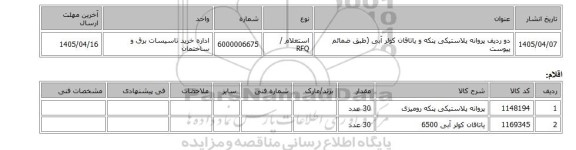 استعلام، دو ردیف پروانه پلاستیکی پنکه و یاتاقان کولر آبی (طبق ضمائم پیوست