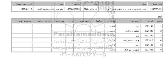 استعلام، تامین شش ردیف چرخدنده، شفت، هوزینگ و ...