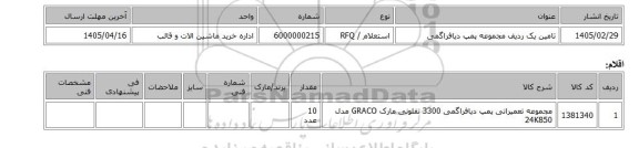 استعلام، تامین یک ردیف مجموعه پمپ دیافراگمی