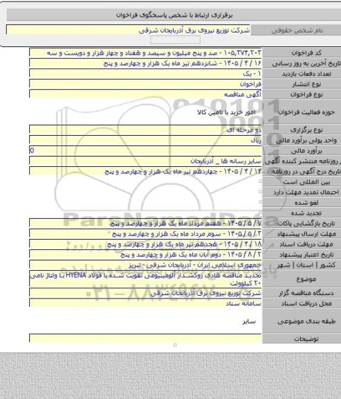 مناقصه, تجدید مناقصه هادی روکشدار آلومینیومی تقویت شده با فولاد HYENA با ولتاژ نامی ۲۰ کیلوولت