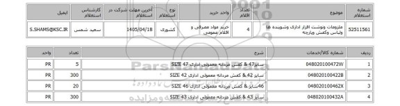 استعلام ملزومات ونوشت افزار اداری وشوینده ها ولباس وکفش وپارچه