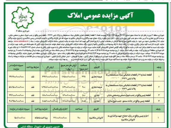 مزایده تعداد 4 قطعه تجاری و اجاره زمین واقع در پارک 