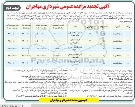 تجدید مزایده بهره برداری از 5 باب تجاری - نوبت دوم