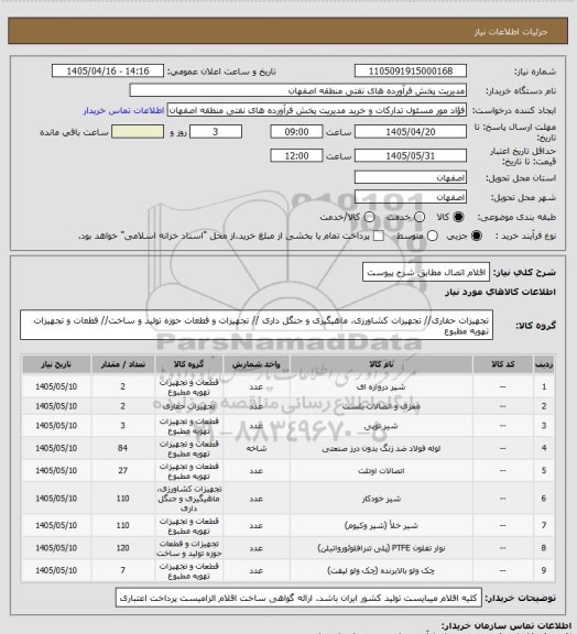 استعلام اقلام اتصال مطابق شرح پیوست