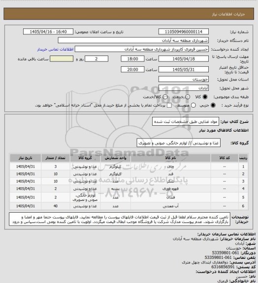 استعلام مواد غذایی طبق مشخصات ثبت شده