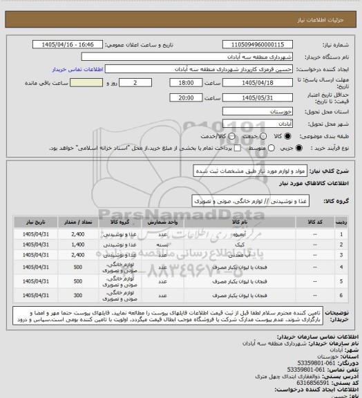 استعلام مواد و لوازم مورد نیاز طبق مشخصات ثبت شده