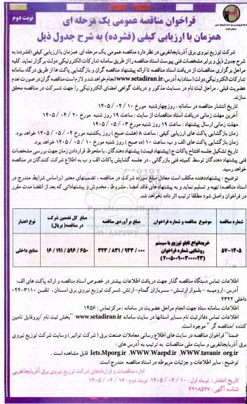 مناقصه خرید انواع تابلو توزیع با سیستم روشنایی - نوبت دوم 