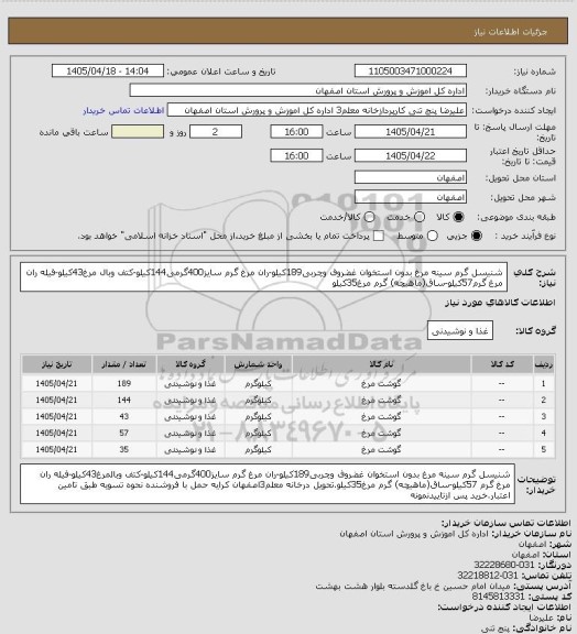 استعلام شنیسل گرم سینه مرغ بدون استخوان غضروف وچربی189کیلو-ران مرغ گرم سایز400گرمی144کیلو-کتف وبال مرغ43کیلو-فیله ران مرغ گرم57کیلو-ساق(ماهیچه) گرم مرغ35کیلو