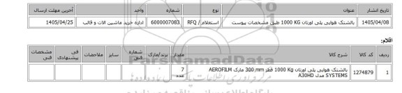 استعلام، بالشتک هوایی ‎پلی اورتان‏ ‎1000 KG‏ طبق مشخصات پیوست