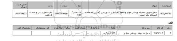 استعلام، حمل هوایی محموله وارداتی موتور و قطعات مرتبط از کشور چین (هاربین)به مقصد فرودگاه امام خمینی