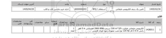 استعلام، تامین یک ردیف الکتروپمپ طبقاتی