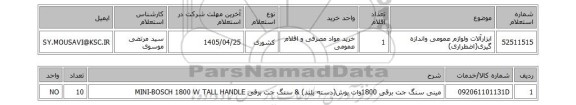 استعلام ابزارآلات ولوازم عمومی واندازه گیری(اضطراری)