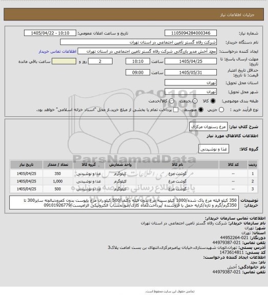 استعلام مرغ رستوران مرکزی