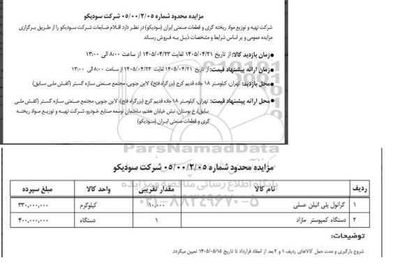 مزایده اقلام ضایعات شرکت سودیکو