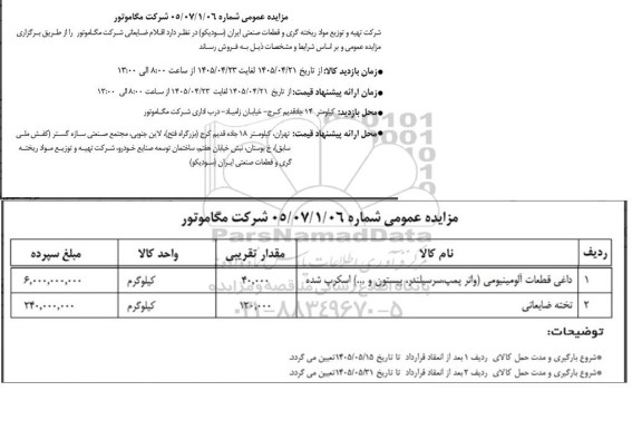 مزایده اقلام ضایعاتی شرکت مگاموتور
