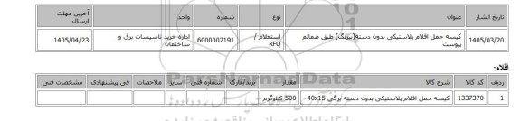 استعلام، کیسه حمل اقلام پلاستیکی بدون دسته(بیرنگ) طبق ضمائم پیوست