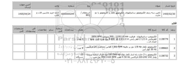 استعلام، تامین سه ردیف الکتروموتور سانترفیوژی، الکترموتور تکفاز و اکتروموتور با دو خازن.