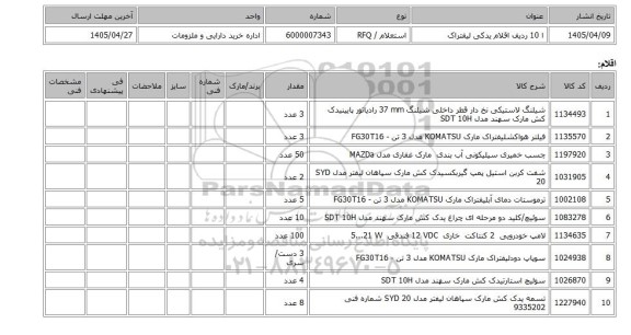 استعلام، ا 10 ردیف اقلام یدکی لیفتراک