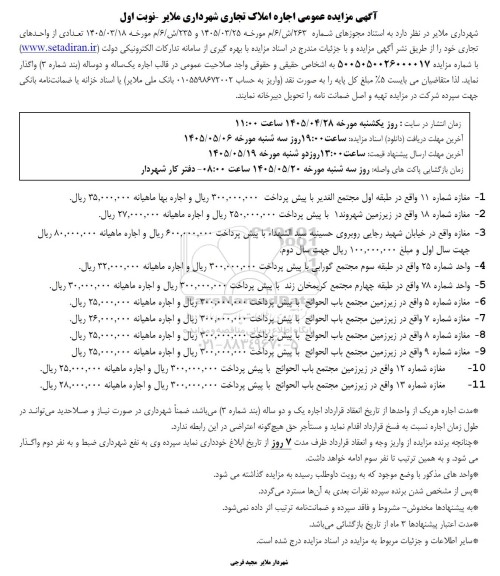 مزایده عمومی اجاره املاک تجاری