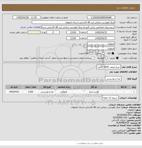 استعلام مرغ منجمد 1600 گرمی