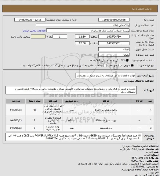 استعلام لوازم و قطعات یدکی ویدئووال به شرح مندرج در توضیحات