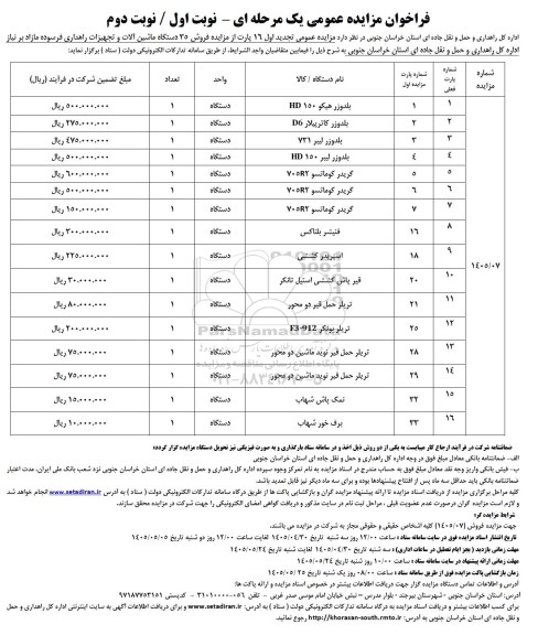 مزایده فروش 35 دستگاه ماشین آلات و تجهیزات راهداری فرسوده مازاد بر نیاز 