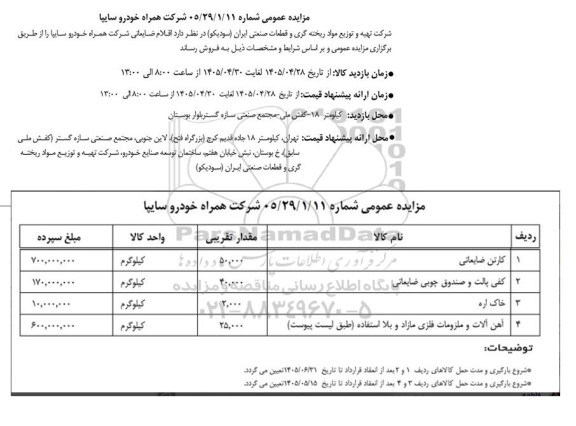 مزایده فروش کارتن ضایعاتی و...