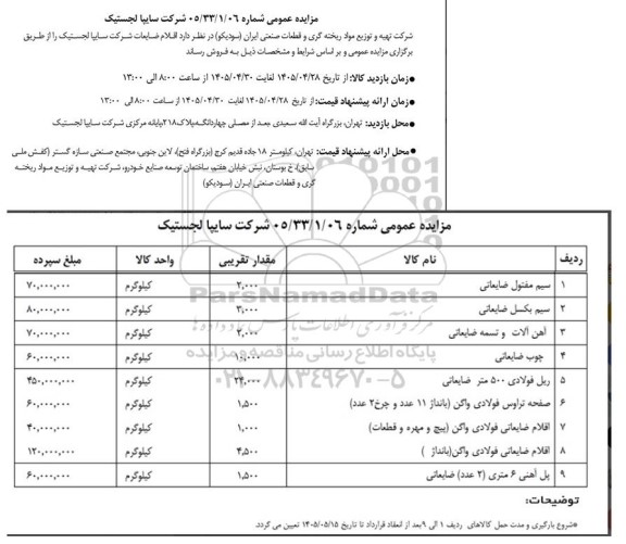 مزایده فروش اقلام ضایعاتی شامل سیم مفتول ضایعاتی و...