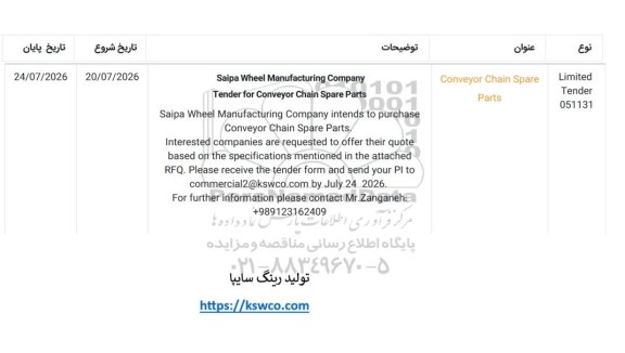 مناقصه Conveyor Chain Spare Parts