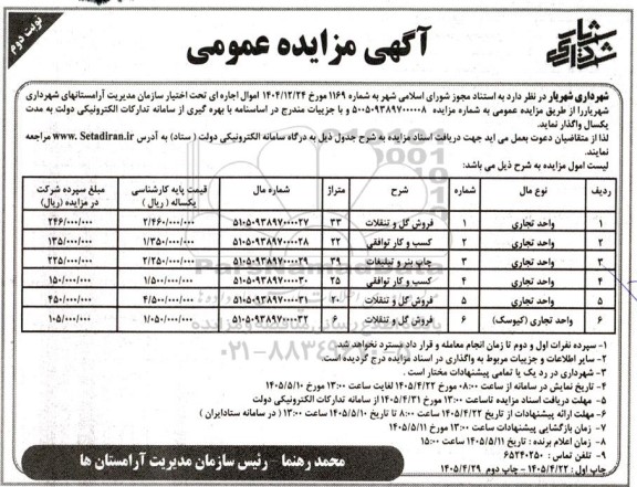مزایده واحد تجاری / نوبت دوم