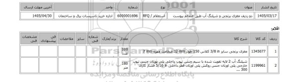 استعلام، دو ردیف مغزی برنجی و شیلنگ آب طبق ضمائم پیوست