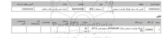 استعلام، تامین یک ردیف پکینگ واترجت صنعتی