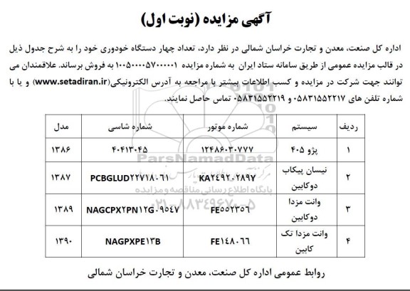 مزایده فروش تعداد چهار دستگاه خودرو