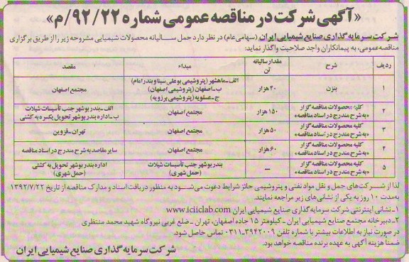 حمل سالیانه محصولات شیمیایی 