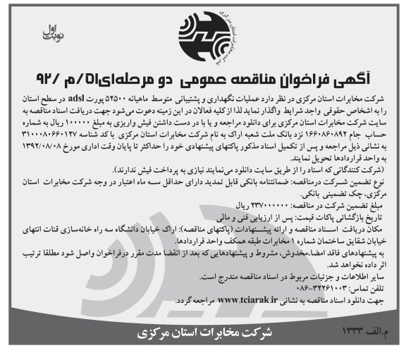 عملیات نگهداری و پشتیبانی متوسط ماهیانه 52500 پورت ADSL در سطح استان