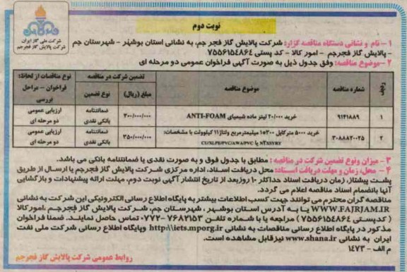 خرید 20.000 لیتر ماده شیمیایی ANTI-FOAM و....