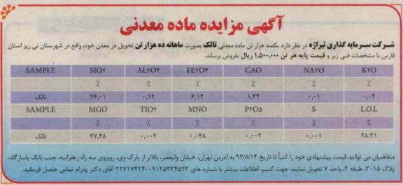 فروش یکصد هزار تن ماده معدنی تالک