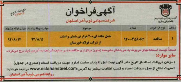 حمل جاده ای هزار تن شمش و اسلب از شرکت فولاد خوزستان